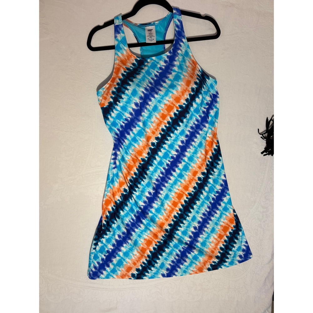 Lands End Womens Blue Orange Tie Dye Racerback Swim Tunic Tankini Top Size 14